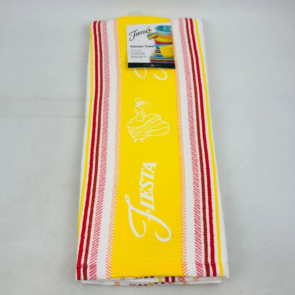 Fiesta Kitchen Dish Towel Sunflower Stripe Yellow Dancing Lady 16x28 Fiestaware